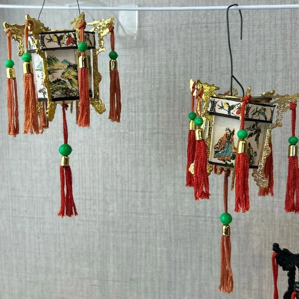 Vtg Chinese Hanging Lantern Ornaments Decorations Set Lot Tassels Small Mini